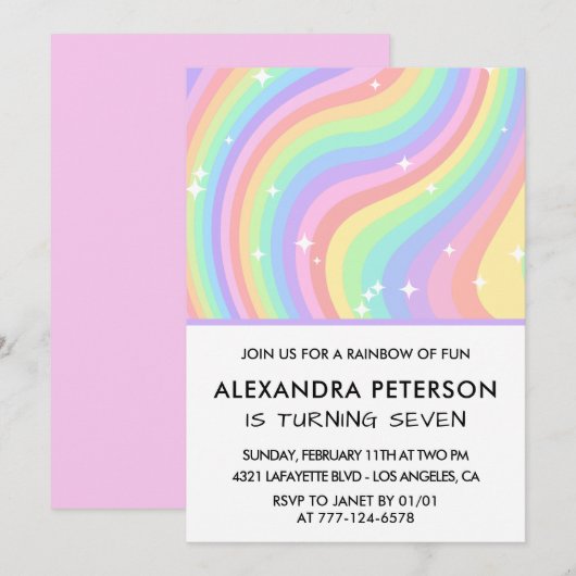 Rainbow 7. Geburtstag Einladungen Pastel Niedlich (Vorne/Hinten)
