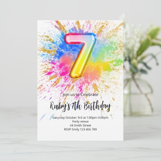 Rainbow 7th Birthday Invitation Einladung (Stehend Vorderseite)