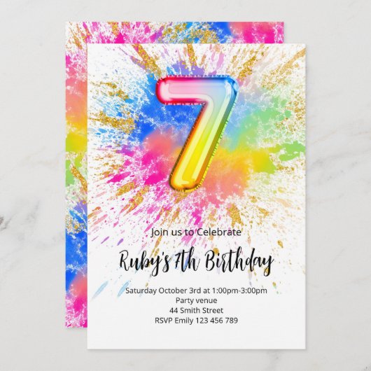 Rainbow 7th Birthday Invitation Einladung (Vorne/Hinten)