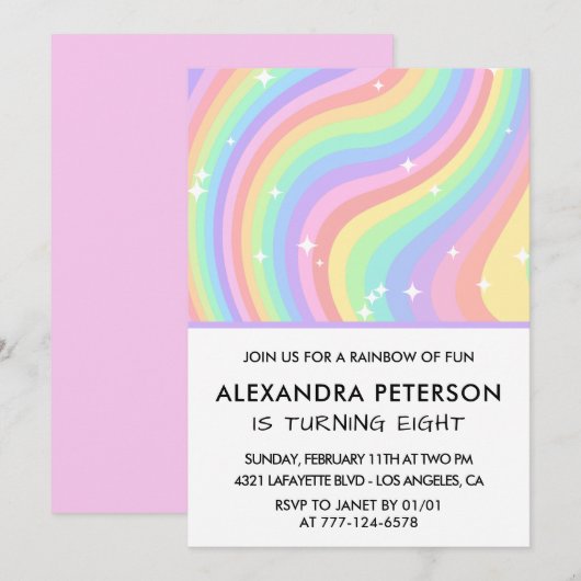 Rainbow 8. Geburtstag Einladungen Pastel Niedlich (Vorne/Hinten)