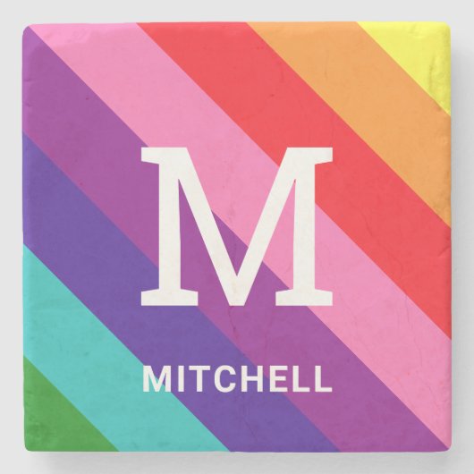 Rainbow 8 Stripe Gay Pride Custom Monogram Initial Steinuntersetzer (Vorderseite)