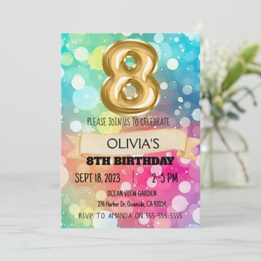 Rainbow 8 Year Old 8th Birthday Party Girls Acht Einladung (Stehend Vorderseite)