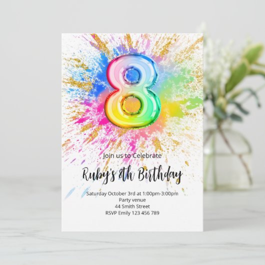 Rainbow 8th Birthday Invitation Einladung (Stehend Vorderseite)