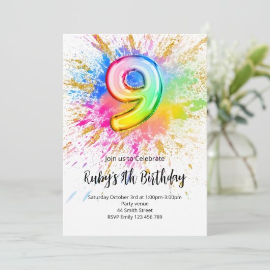 Rainbow 9th Birthday Invitation Einladung (Stehend Vorderseite)