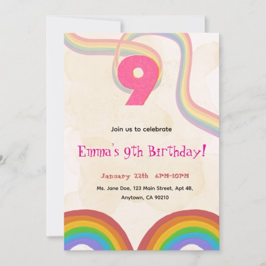 Rainbow 9th Birthday Party Invitation Einladung (Vorderseite)