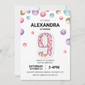 Rainbow 9th Birthday Party, Pink Balloon Girl Einladung (Vorderseite)