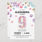 Rainbow 9th Birthday Party, Pink Balloon Girl Einladung (Vorne/Hinten)