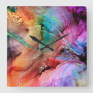 Rainbow Abstract Alcohol Ink Clock Quadratische Wanduhr
