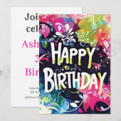 Rainbow Abstrakt auf Black Birthday Einladung (Vorne/Hinten)