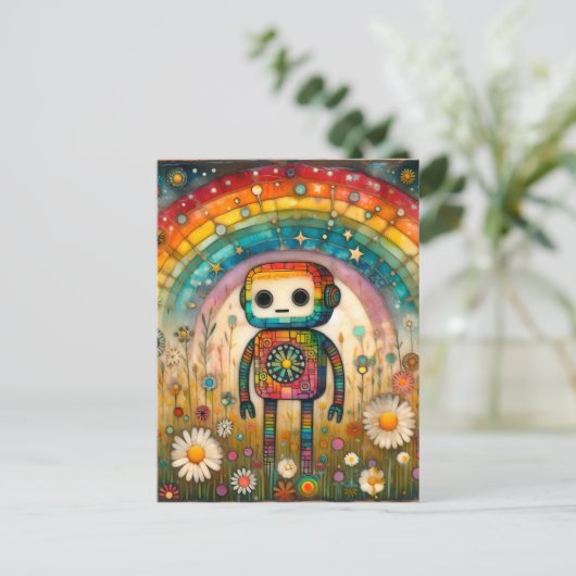 Rainbow Adorable Robot Postkarte (Stehend Vorderseite)