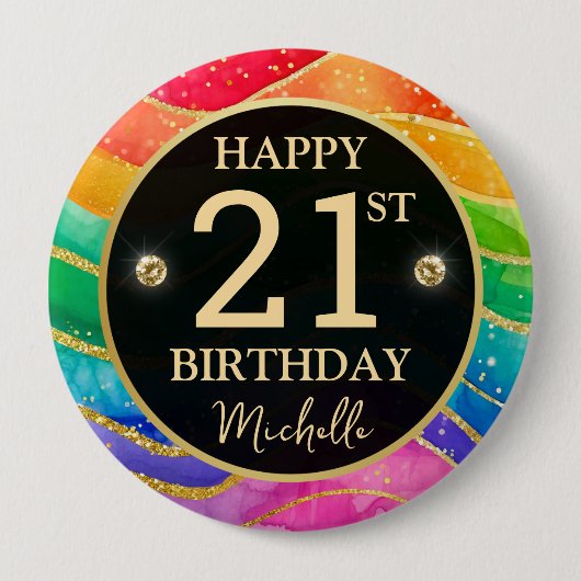 Rainbow Agate Gold Glitter Birthday Badge Button (Vorderseite)