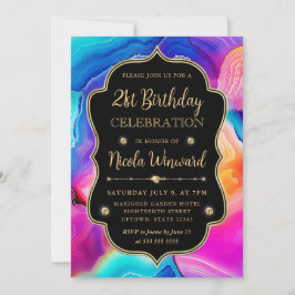 Rainbow Agate Swirl Elegant Black Birthday Einladung