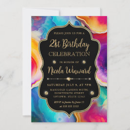 Rainbow Agate Swirl Elegant Black Birthday Einladung