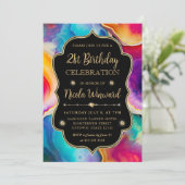Rainbow Agate Swirl Elegant Black Birthday Einladung (Stehend Vorderseite)
