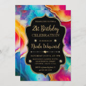 Rainbow Agate Swirl Elegant Black Birthday Einladung (Vorne/Hinten)