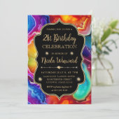 Rainbow Agate Swirl Elegant Black Birthday Einladung (Stehend Vorderseite)