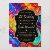 Rainbow Agate Swirl Elegant Black Birthday Einladung (Vorne/Hinten)