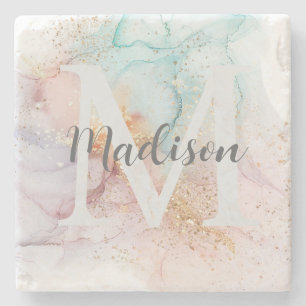 Rainbow Alcohol Ink & Gold Glitzer Monogram Name Steinuntersetzer