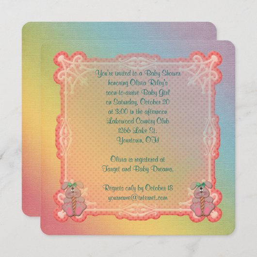 Rainbow and Bunnies Baby Girl Shower Einladung (Vorne/Hinten)