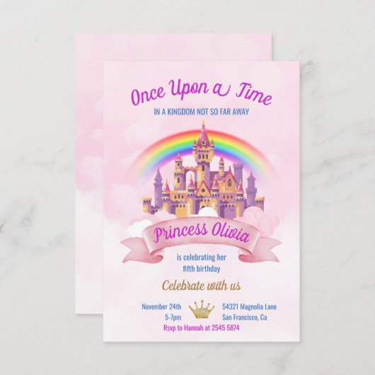 Rainbow and Castle Fairytale Geburtstag Einladung (Vorne/Hinten)