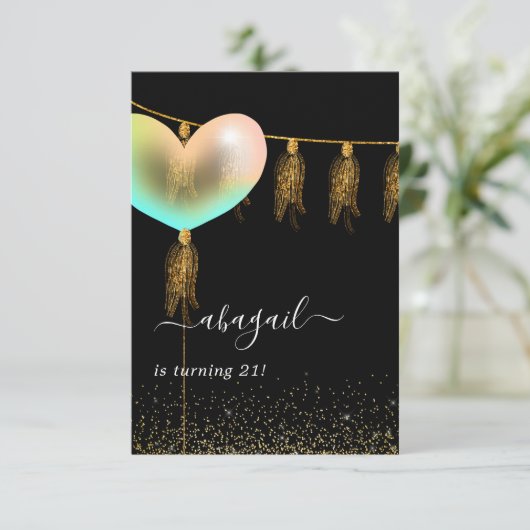 Rainbow and Gold and Black Birthday Party Einladun Einladung (Stehend Vorderseite)