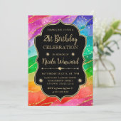 Rainbow and Gold Glitzer Alcohol Ink 21. Geburtsta Einladung (Stehend Vorderseite)
