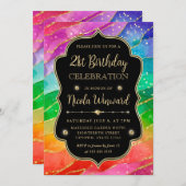 Rainbow and Gold Glitzer Alcohol Ink 21. Geburtsta Einladung (Vorne/Hinten)