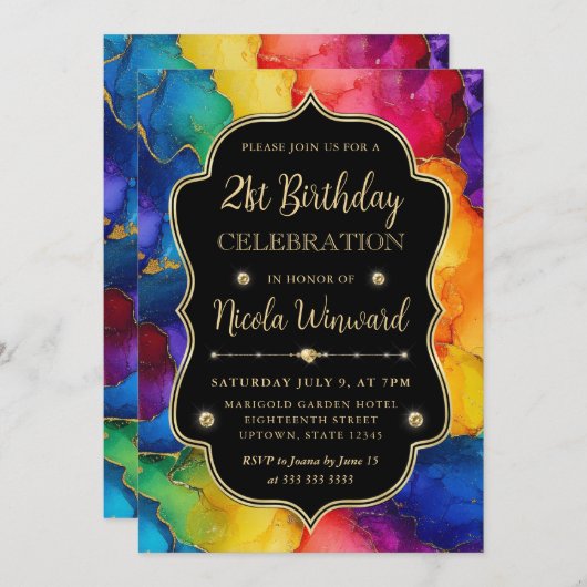 Rainbow and Gold Glitzer Alcohol Ink 21. Geburtsta Einladung (Vorne/Hinten)
