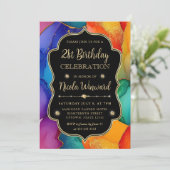 Rainbow and Gold Glitzer Alcohol Ink 21. Geburtsta Einladung (Stehend Vorderseite)