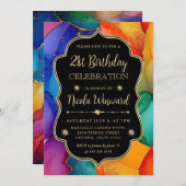 Rainbow and Gold Glitzer Alcohol Ink 21. Geburtsta Einladung (Vorne/Hinten)