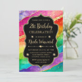 Rainbow and Gold Glitzer Alcohol Ink 21. Geburtsta Einladung (Stehend Vorderseite)