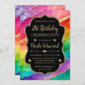 Rainbow and Gold Glitzer Alcohol Ink 21. Geburtsta Einladung (Vorne/Hinten)