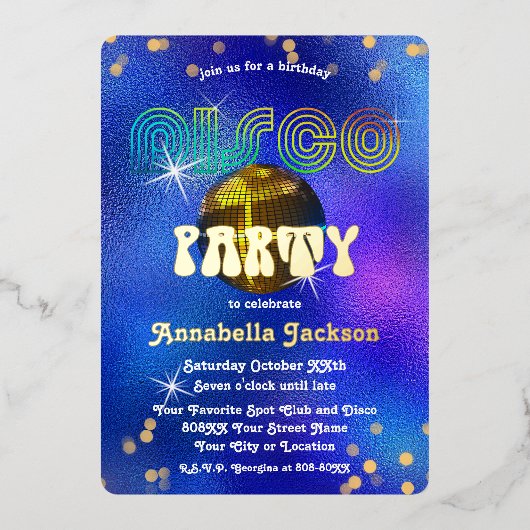 Rainbow and Gold on Funky Blue Disco Party Folieneinladung (Vorderseite)