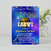 Rainbow and Gold on Funky Blue Disco Party Folieneinladung (Stehend vorne)