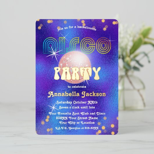 Rainbow and Gold on Funky Lila Disco Party Folieneinladung (Stehend vorne)