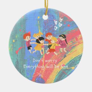 Rainbow and Happy Children Keramik Ornament
