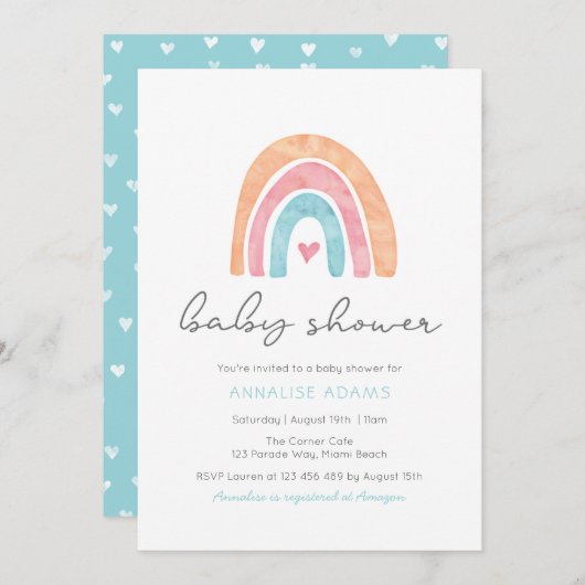 Rainbow and heart Baby Shower Einladung (Vorne/Hinten)