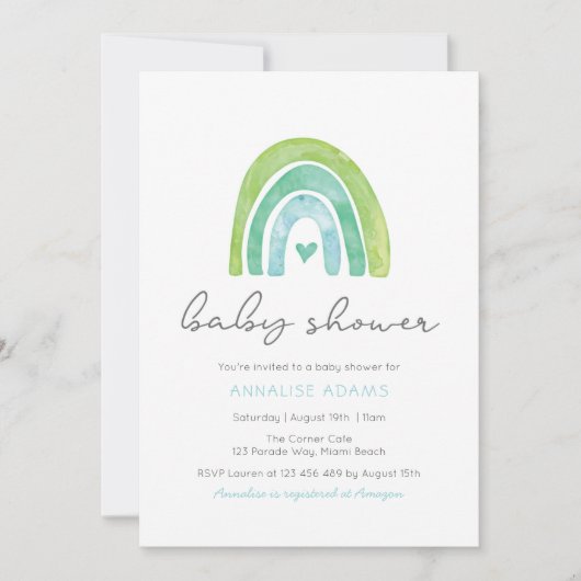 Rainbow and heart Blue Baby Shower Einladung (Vorderseite)