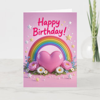 Rainbow and pink love heart birthday karte