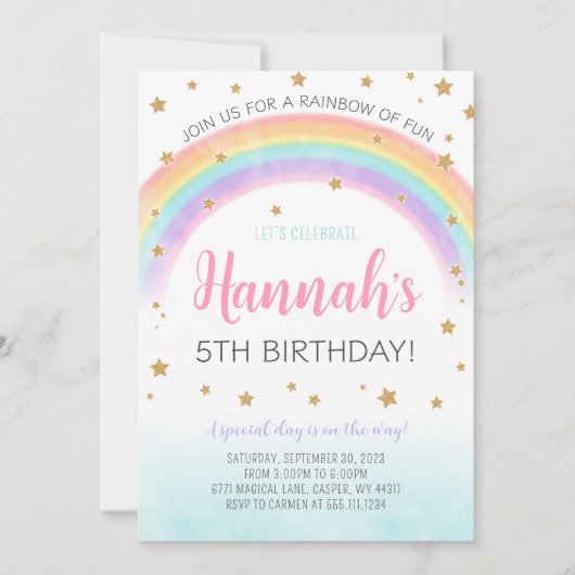 Rainbow and Stars Geburtstagsparty Einladung (Vorderseite)
