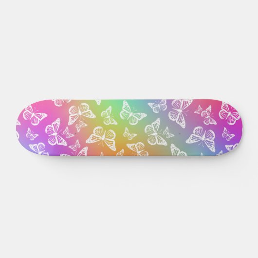 Rainbow and White Butterfly Motif Pattern Skateboard (Horizontal)