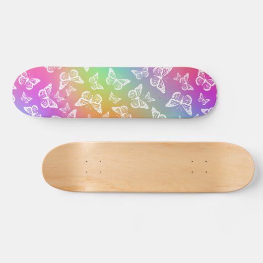 Rainbow and White Butterfly Motif Pattern Skateboard (Horizontal)