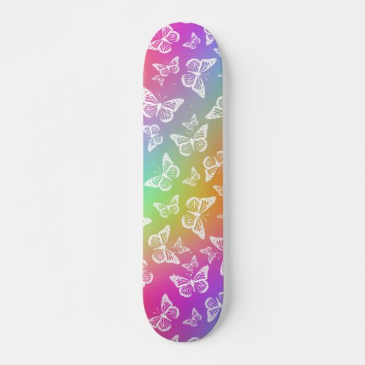 Rainbow and White Butterfly Motif Pattern Skateboard (Vorne)