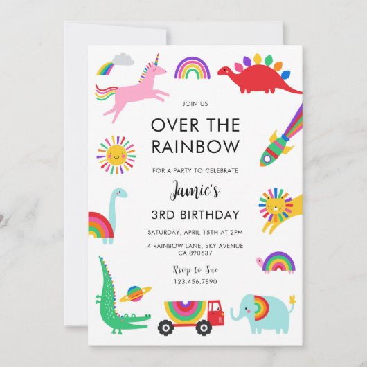 Rainbow Animals Birthday Einladung (Vorderseite)