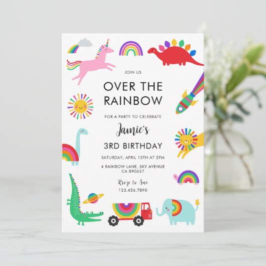 Rainbow Animals Birthday Einladung (Stehend Vorderseite)