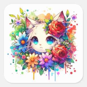 Rainbow Anime Kitten Birthday Quadratischer Aufkleber