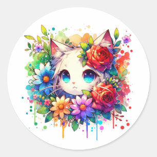 Rainbow Anime Kitten Birthday Runder Aufkleber