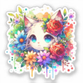 Rainbow Anime Kitten und Blume Aufkleber (Vorderseite)