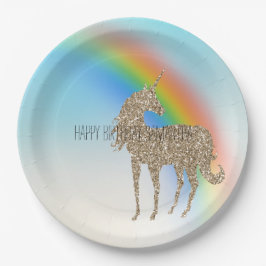 Rainbow Aqua Ombre Gold Glitzer Unicorn Pappteller