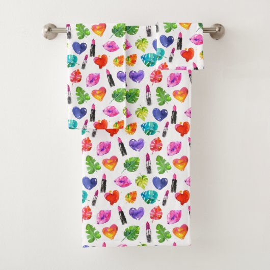 Rainbow Aquarellpalme Blätter Button Kiss Lippenst Badhandtuch Set (Insitu)